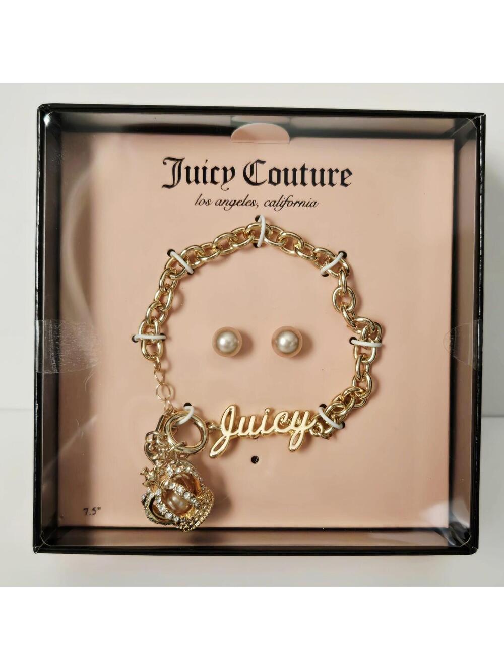 Juicy Couture Gold Crown Charm Bracelet and Rhinestone & Pearl Earrings Set NIB